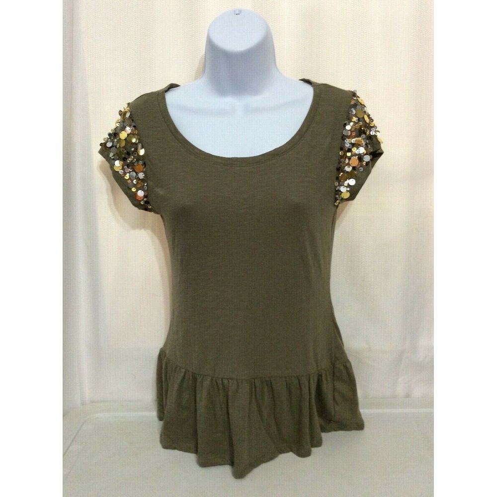 Eye Candy Women’s Size Medium Olive Green Cap Sequined Sleeve Top Scoop Neck Pep
